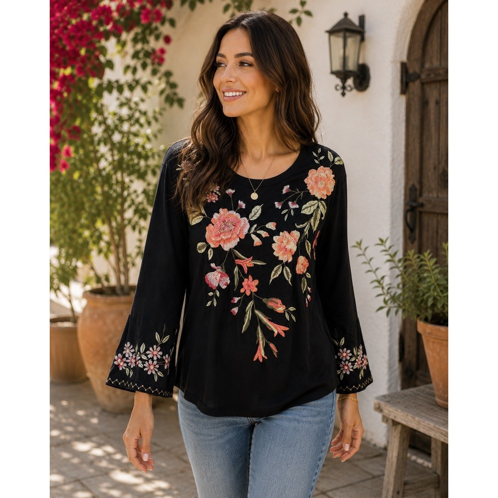 Johnny Was Top Women S Black Floral Embroidered Boho 3/4 Sleeve Cotton Tee Boho